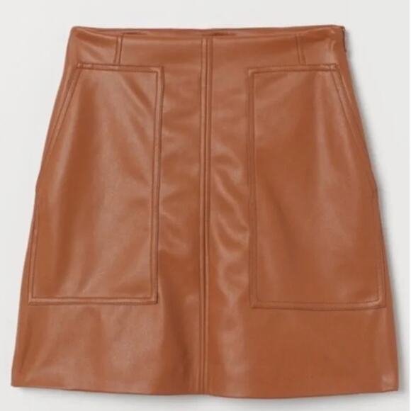 NWT H&M FAUX LEATHER A-LINE TAN MINI SKIRT Sz 8 - Picture 1 of 6